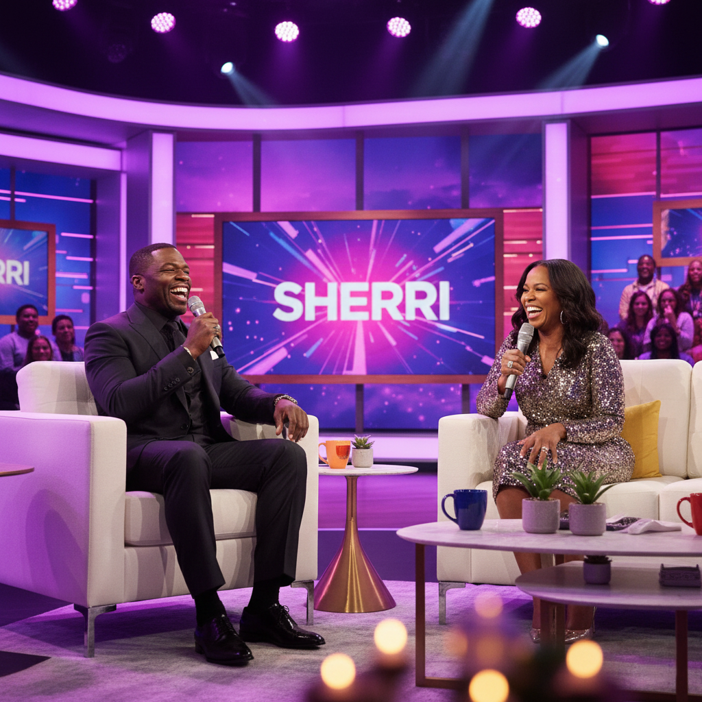 50 Cent is sitting in a white armchair wearing a sharp suit, laughing and holding a microphone, while Sherri Shepherd leans in laughing across from him
