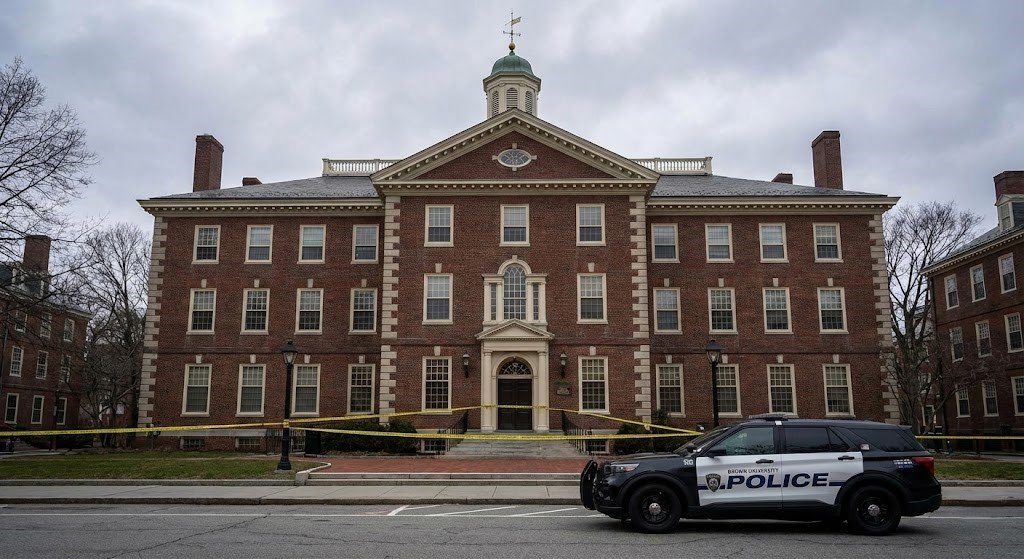 A Brown University building cordoned off with police tape and a police car parked in front