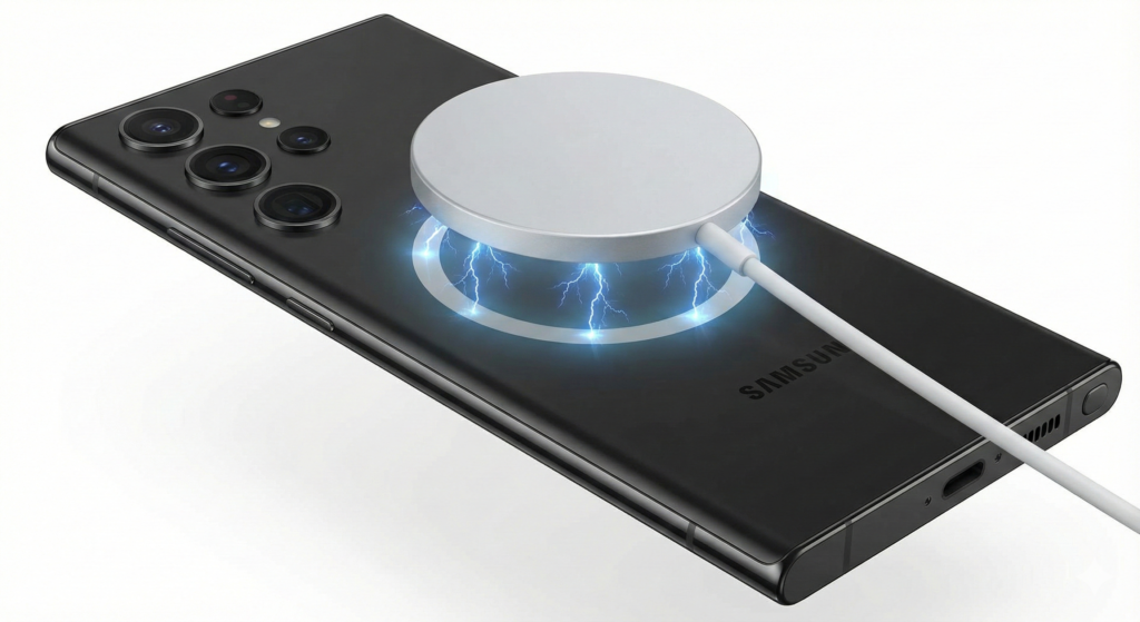 A Samsung Galaxy S26 Ultra with a magnetic wireless charger snapped onto its back, showing blue electrical energy to indicate fast charging