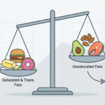 A balance scale infographic showing saturated fats like burgers and donuts increasing LDL cholesterol, while unsaturated fats like avocados and fish increase HDL cholesterol.