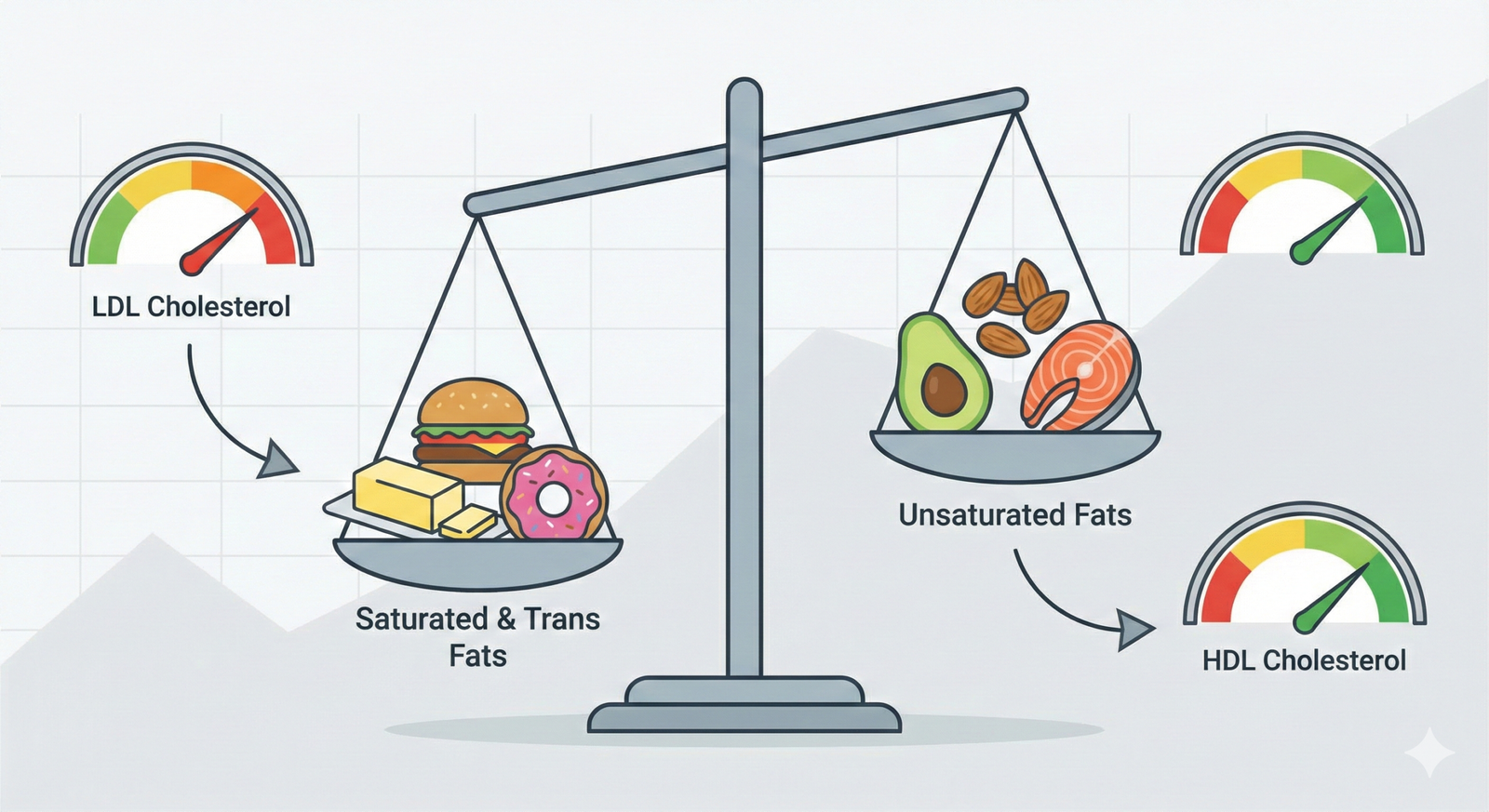 A balance scale infographic showing saturated fats like burgers and donuts increasing LDL cholesterol, while unsaturated fats like avocados and fish increase HDL cholesterol.