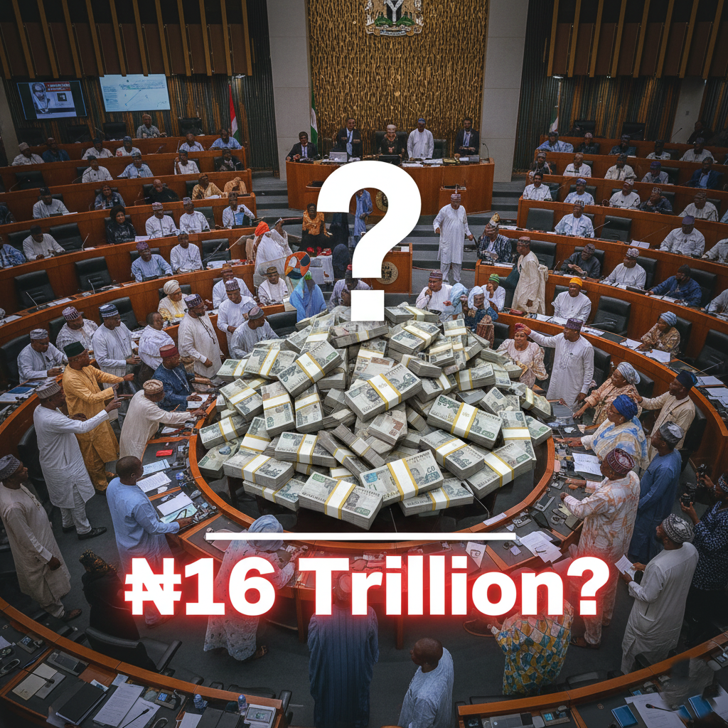 A chaotic scene inside the Nigerian National Assembly. Lawmakers in traditional attire are shouting and pointing fingers. A graphic overlay shows a pile of cash with a question mark and the text