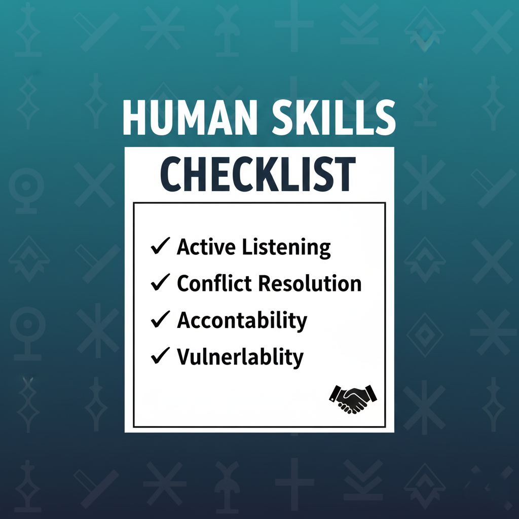 A checklist of essential human skills that AI cannot replicate, emphasizing empathy and conflict resolution.