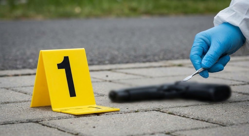 A close-up of a police evidence marker next to a blurred weapon on the ground, with a forensic investigator's hand visible