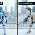 A comparison showing a normal T-Cell alongside a heavily armored, glowing Immunotherapy Upgraded T-Cell, representing the advanced medical treatment.