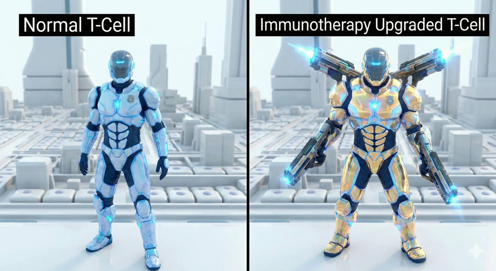A comparison showing a normal T-Cell alongside a heavily armored, glowing Immunotherapy Upgraded T-Cell, representing the advanced medical treatment.