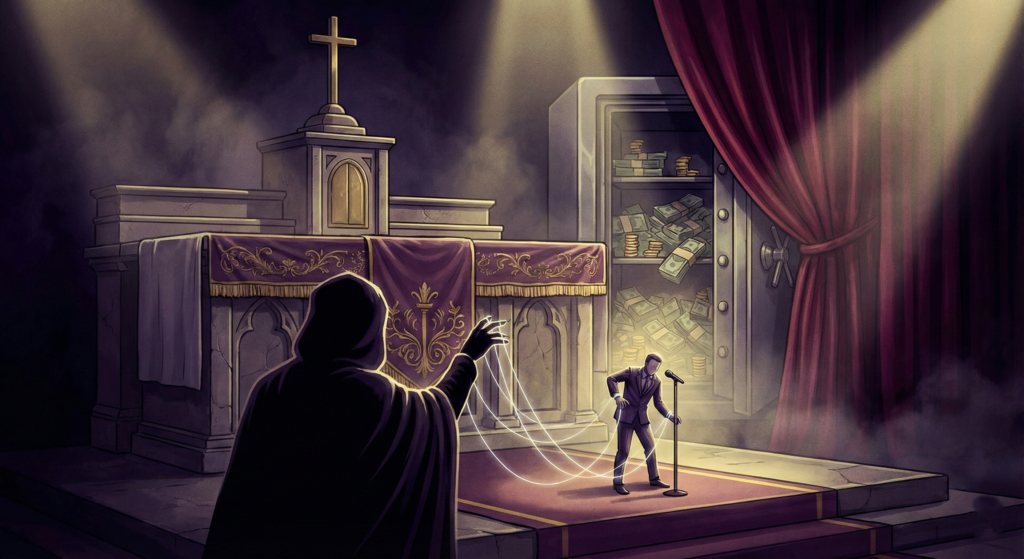 A conceptual illustration representing staged testimonies and financial secrecy in a religious setting.
