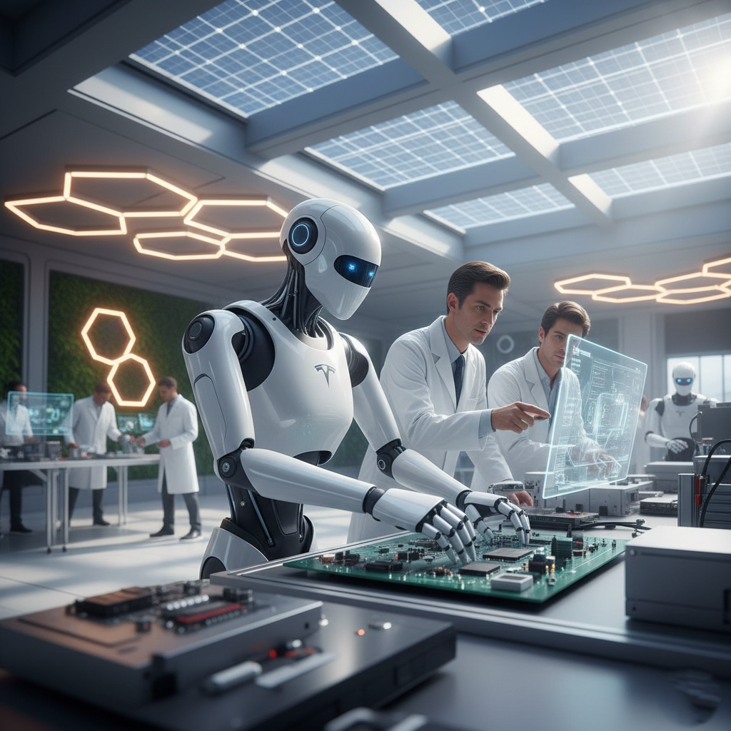 A conceptual image of Tesla's Optimus robot in a futuristic setting.