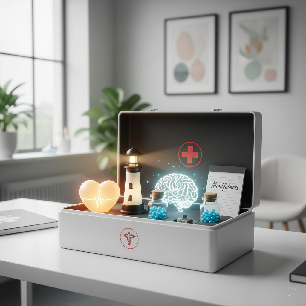 A conceptual mental health first aid kit symbolizing tools for psychological hygiene