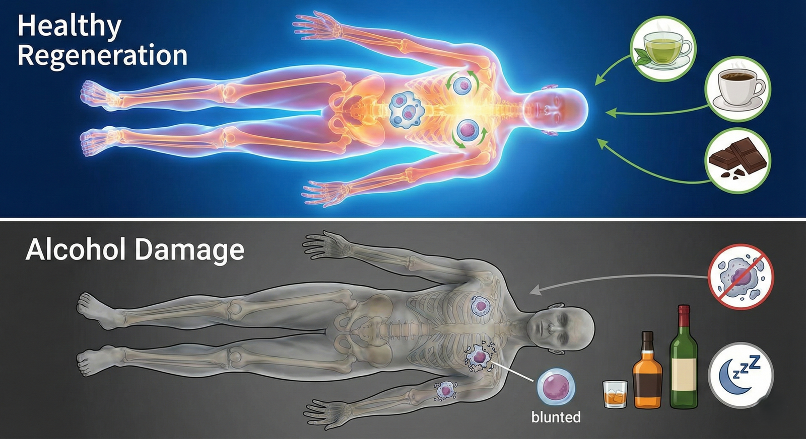 An infographic showing green tea, coffee, and dark chocolate all contributing to the growth of a central, healthy stem cell.