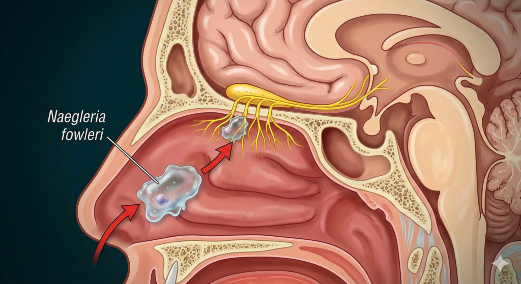 A cross-section diagram of a human head showing Naegleria fowleri amoebas entering the nasal cavity and traveling along the olfactory nerves toward the brain.