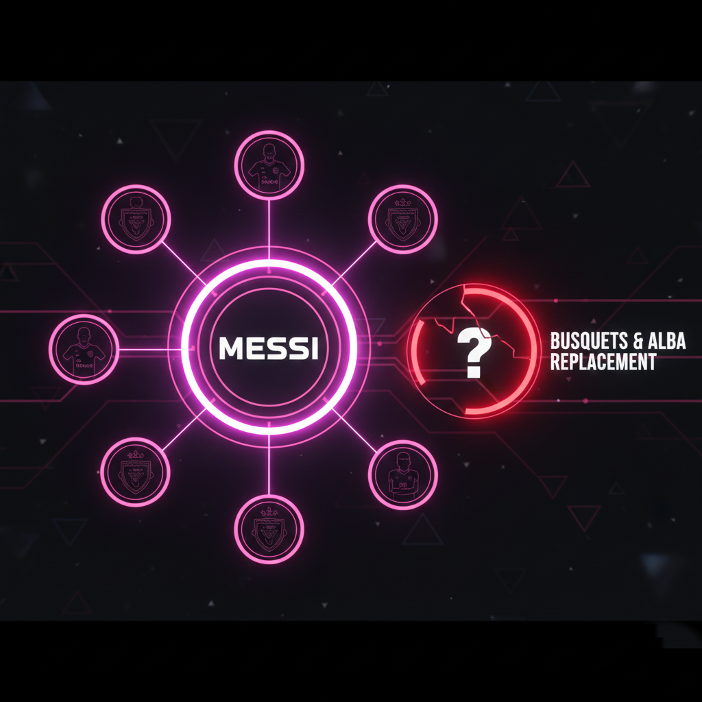 A diagram illustrating Inter Miami's team structure, with a large, glowing center circle labeled 'Messi' and an empty but important space labeled 'Busquets & Alba Replacement