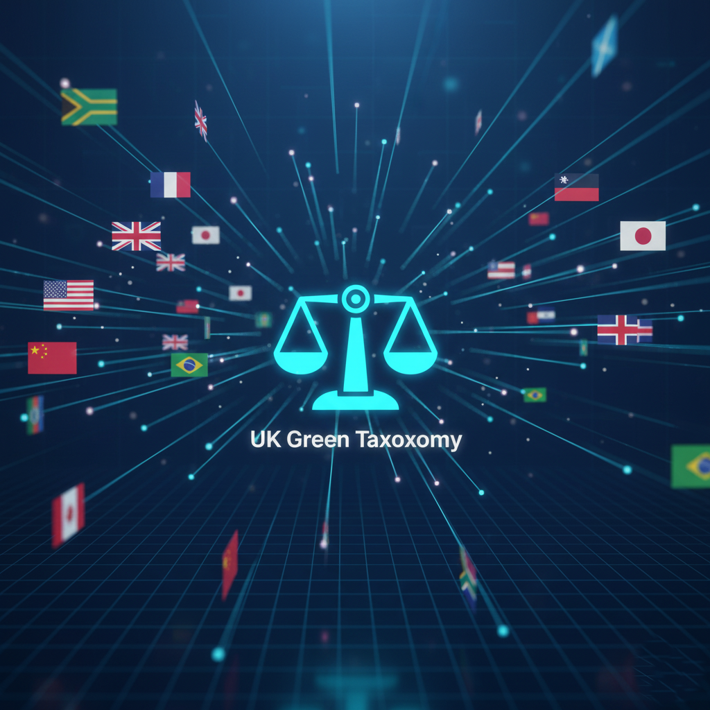 A digital illustration representing the harmonization of global standards and the UK Green Taxonomy in sustainable finance.