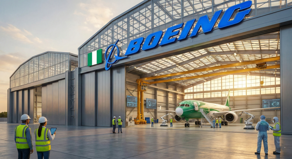 A futuristic architectural concept of a massive aircraft hangar with BOEING and Nigerian flag branding