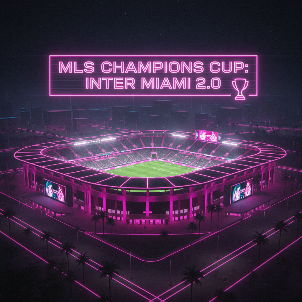 A futuristic, neon-lit illustration of the Inter Miami stadium (Chase Stadium)
