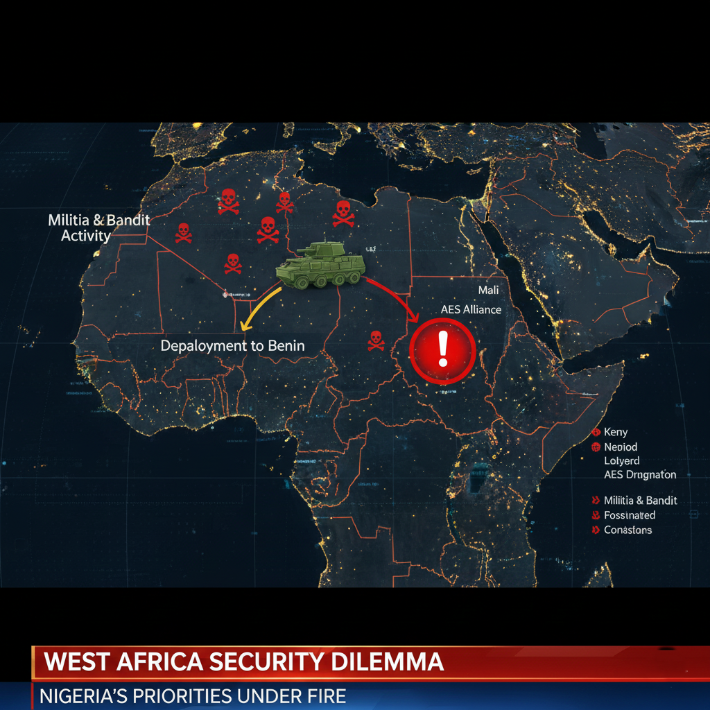 A geopolitical map of West Africa (Nigeria, Benin, Burkina Faso) overlaid with military unit icons, showing one large unit moving to Benin while smaller banditmilitia icons remain active inside Nigeria