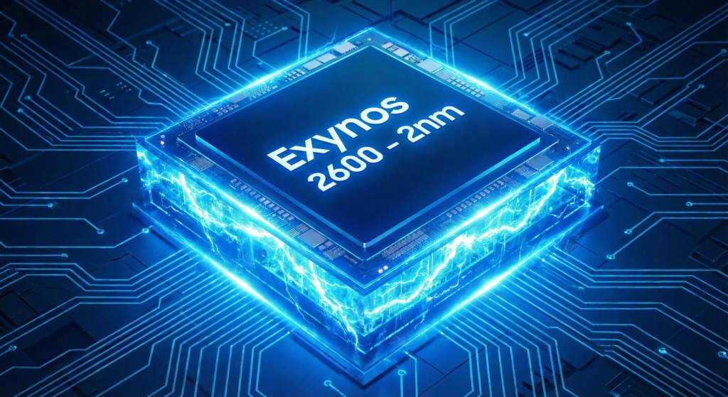 A glowing, futuristic visualization of the 2-nanometer Exynos 2600 processor, the revolutionary heart of the new Samsung S26 series