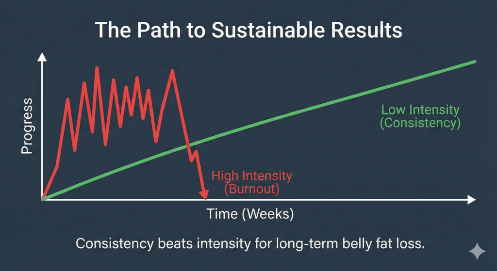 A graph illustrating that consistent, low-intensity effort leads to sustainable progress, while sporadic high-intensity effort leads to burnout