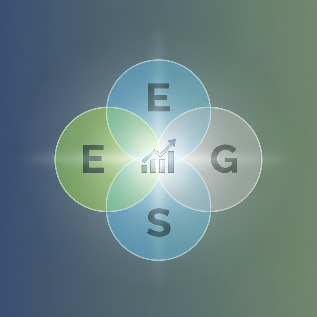 A graphic representing the three pillars of ESG Environmental, Social, and Governance, connected to financial reporting.