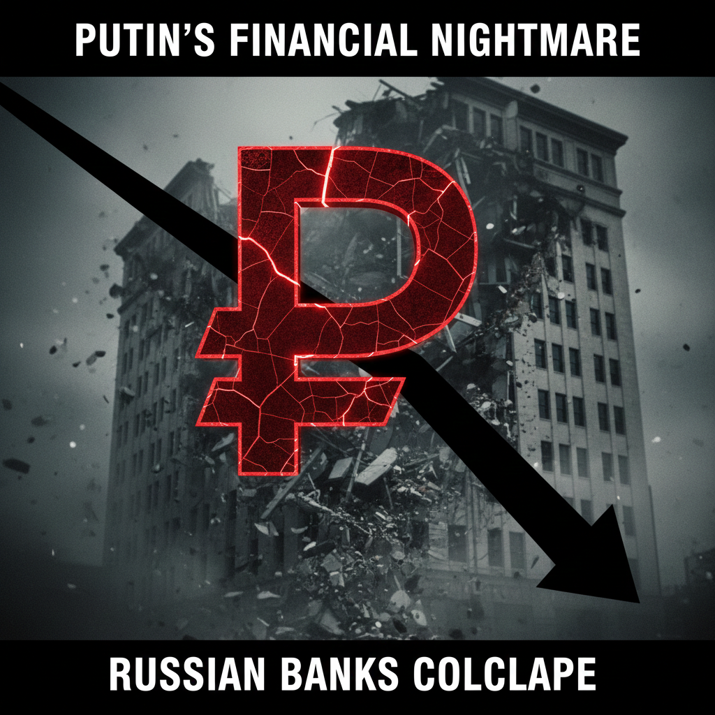 A high-contrast graphic of a red, cracking Russian Ruble symbol over a blurred image of a collapsing bank building