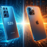 A high-tech face-off between the upcoming Samsung Galaxy S26 and the iPhone, illustrating the battle for smartphone dominance