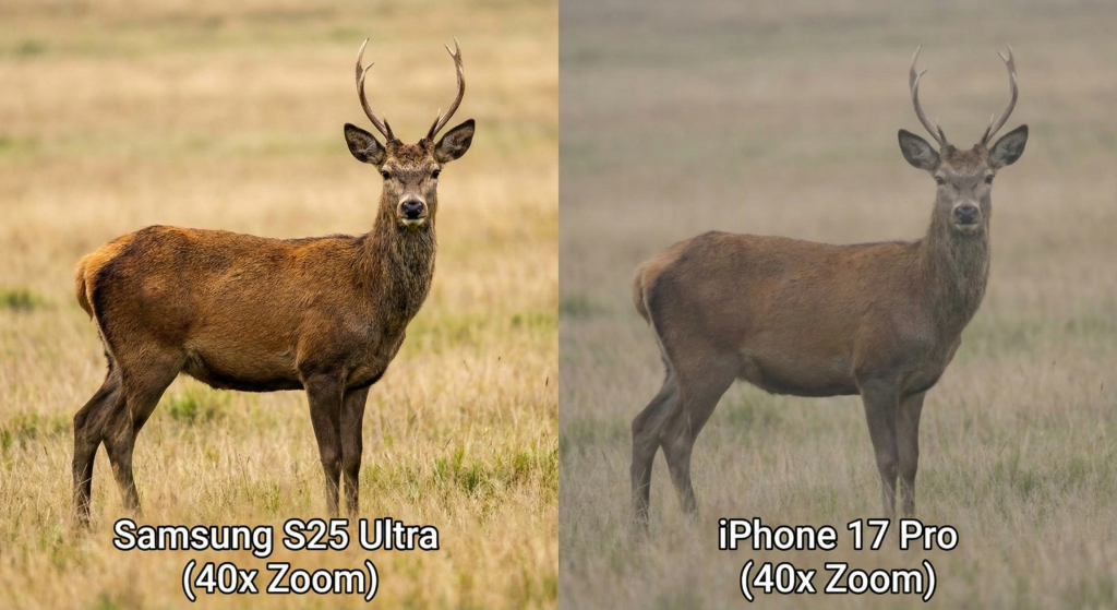 A long-range zoom comparison of a deer. The Samsung image is sharp and high-contrast, while the iPhone image is softer and hazier