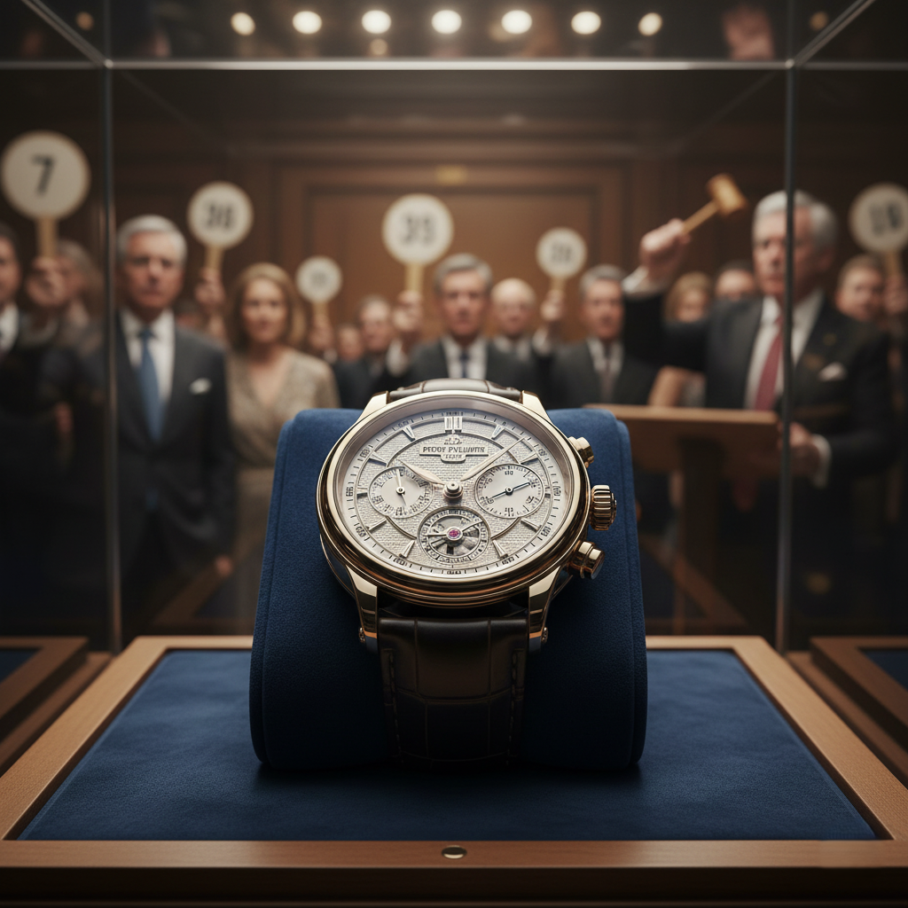 A luxury Swiss watch being sold at a high-end auction as a fine art asset