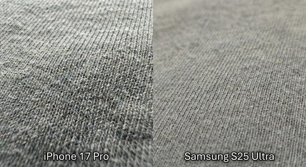 A macro comparison of fabric texture, showing the iPhone 17 Pro capturing sharp individual threads while the Samsung S25 Ultra image appears softer