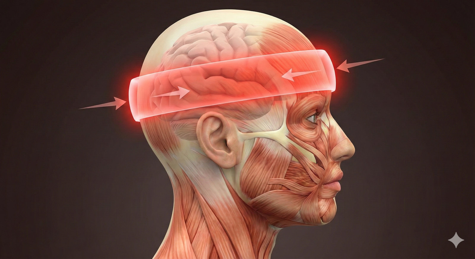 A medical diagram illustrating a tension headache as a glowing red band wrapping tightly around the forehead and sides of the head.