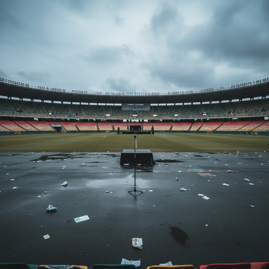 A melancholic, wide-angle shot of the Babayara Sports Stadium in Ghana, empty and silent under a cloudy sky, symbolizing the cancelled funeral. A lone microphone stand is on a stage in the distance.