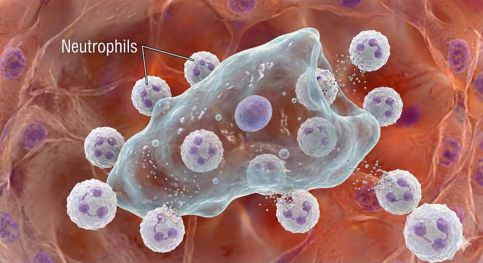 A microscopic battle scene showing numerous small neutrophils attacking a large Naegleria fowleri amoeba, which is resilient to the attack.