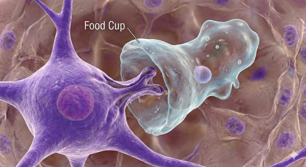 A microscopic view of a Naegleria fowleri amoeba using its food cup to engulf and destroy a brain neuron