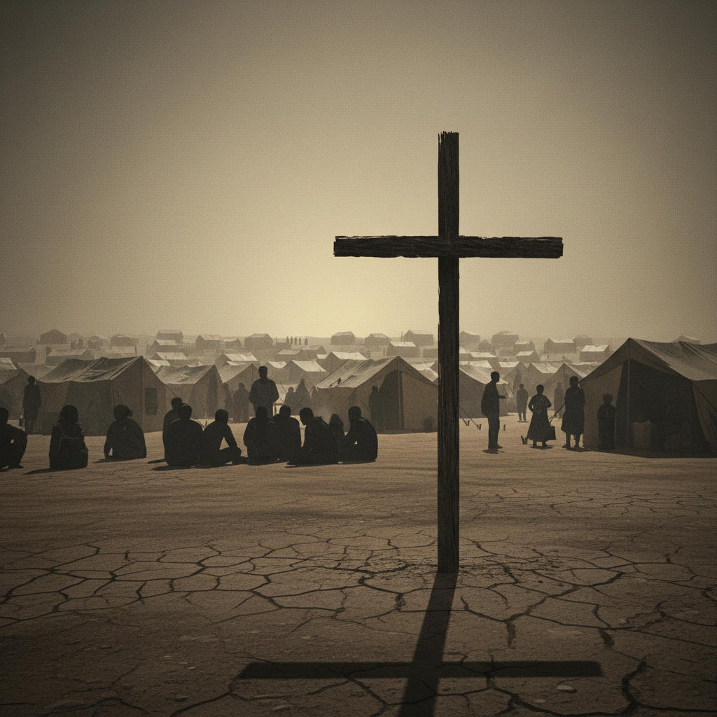 A minimalist, somber illustration of a single cross standing in a barren, dusty IDP camp, with silhouetted figures huddled in the background