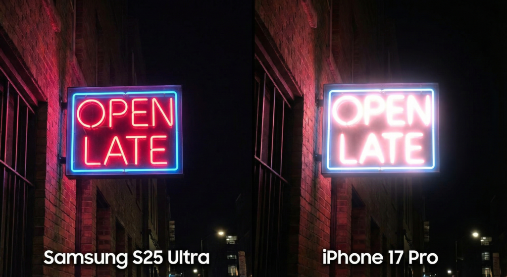 A night mode comparison showing the Samsung S25 Ultra perfectly exposing a neon sign while the iPhone 17 Pro has a bright bloom effect, making the text unreadable