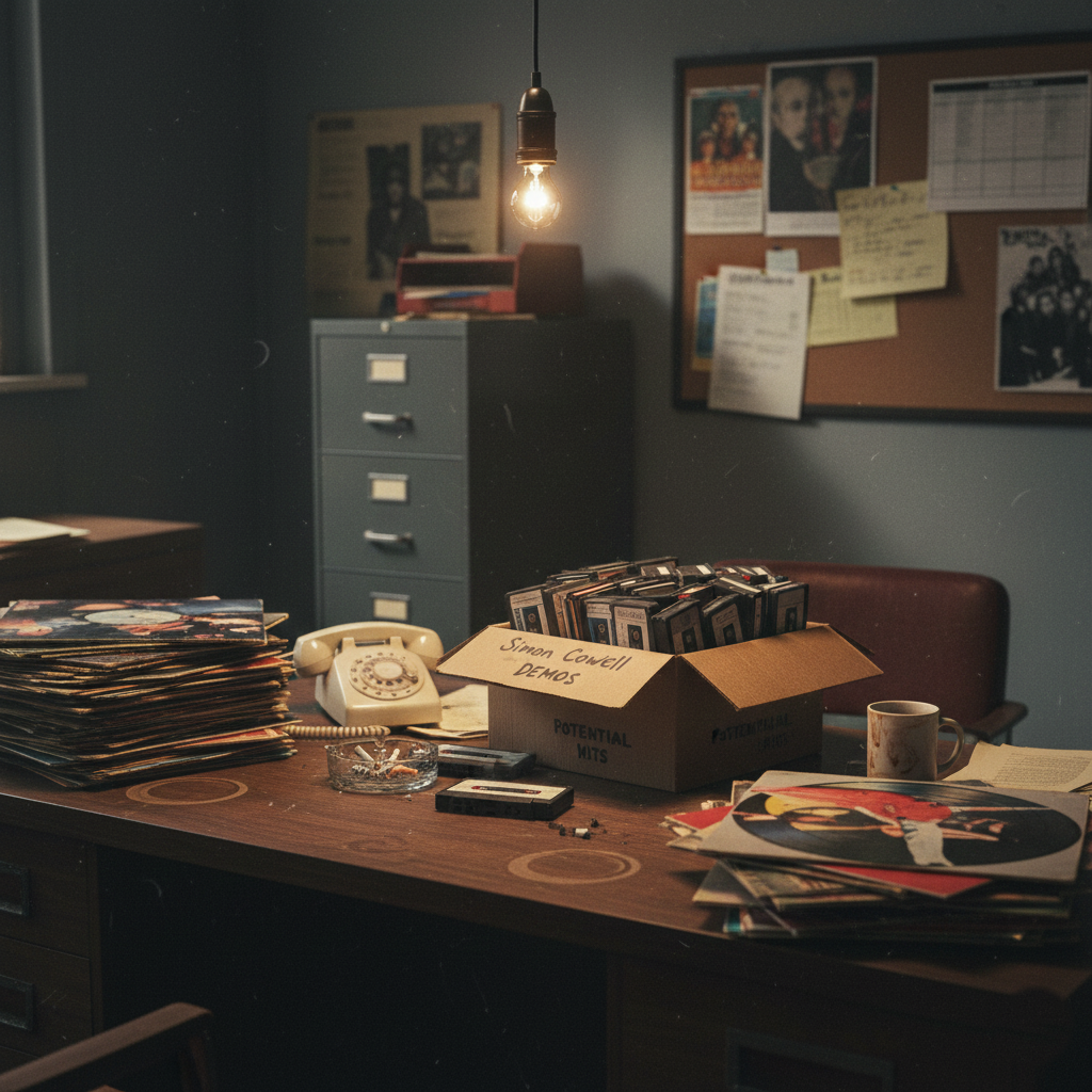 A nostalgic representation of the 1980s music industry hustle, representing Simon Cowell's early career struggles. (2)