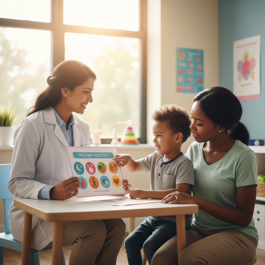 A pediatrician discussing wellness and ACE screening with a family, symbolizing the shift toward trauma-informed care