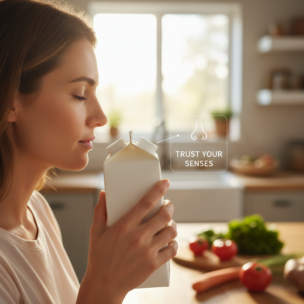 A person checking the date on a milk carton, representing consumer confusion over food labels