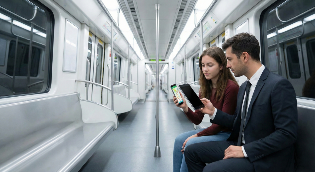 A person on a subway using a Samsung Galaxy S26 with its privacy screen active, making the display appear black to the person sitting next to them