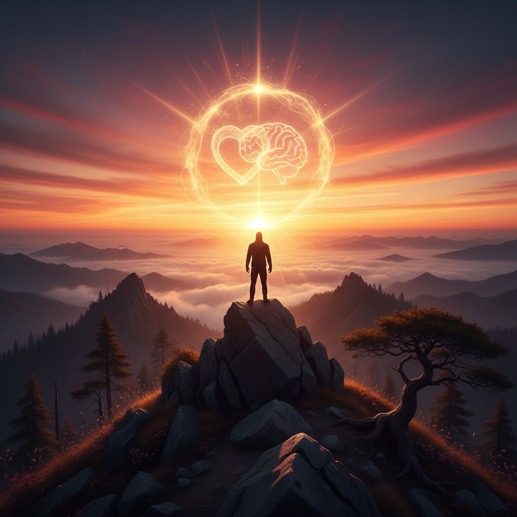 A person standing strong on a mountain, representing emotional resilience and thriving