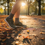 A person taking a brisk walk on a scenic park path, highlighting daily exercise