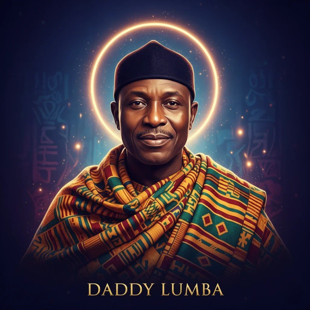 A respectful, artistic digital portrait of Daddy Lumba (Charles Kojo Fosu) in traditional Kente cloth, looking dignified, with a soft halo effect, suitable for a tribute