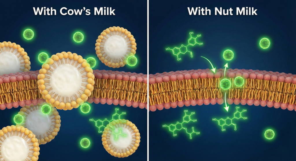 A scientific diagram illustrating how cow's milk fat traps tea nutrients, while nut milk allows them to be absorbed by the body.