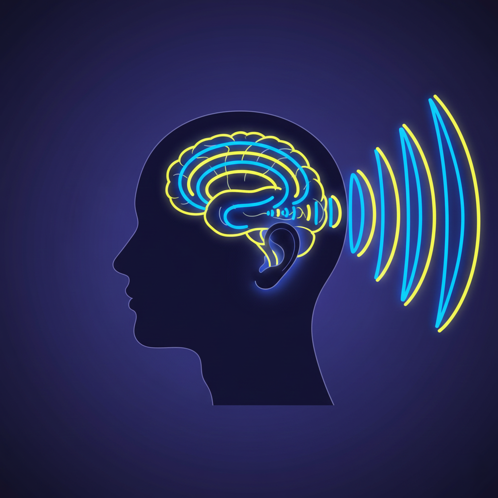 A silhouette of a head with sound waves generating inside the brain rather than entering from the ears