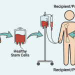 A simple infographic illustrating the bone marrow transplant process, from the donor to the collection of stem cells, and finally to the infusion into the patient to restart healthy blood cell production.