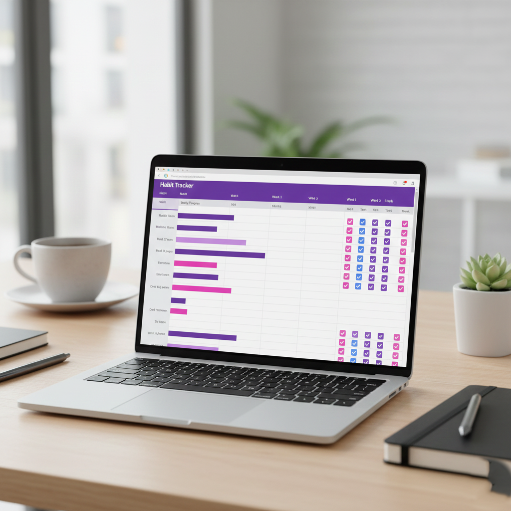 A sleek and aesthetic Google Sheets habit tracker displayed on a laptop screen.