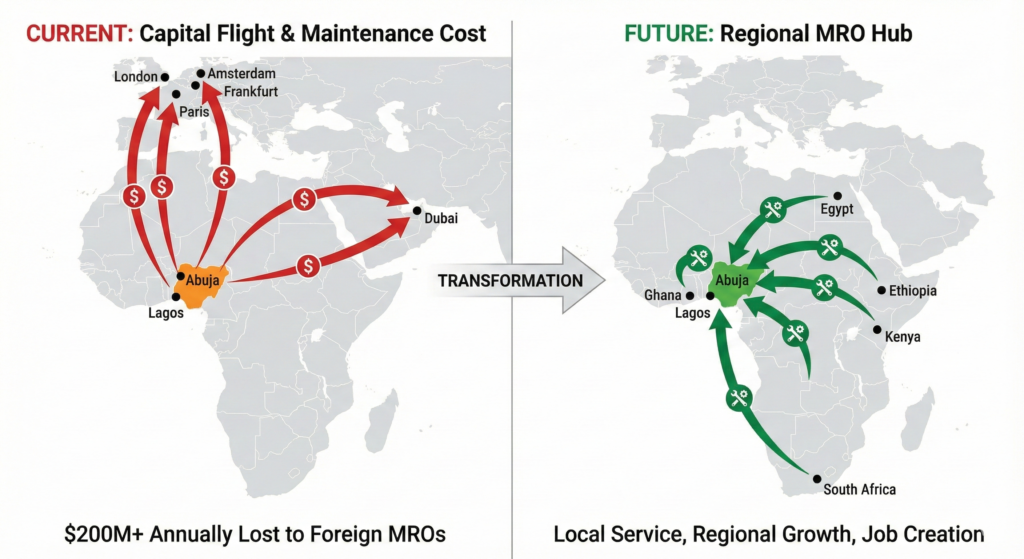 A split graphic. Left side A map of Africa showing flight paths leaving Nigeria for Europe (red lines, representing money leaving)