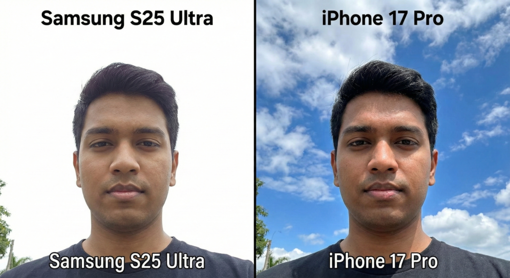 A split-screen selfie comparison showing the Samsung S25 Ultra with a blown-out white sky and the iPhone 17 Pro with a clear blue sky and clouds