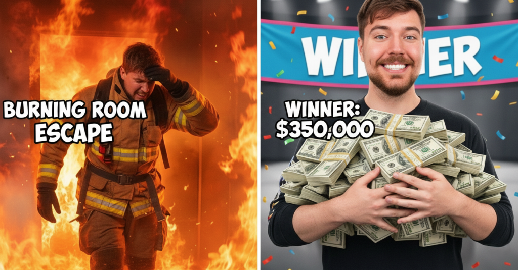 A split-screen showing Eric in the burning room vs. him holding the cash