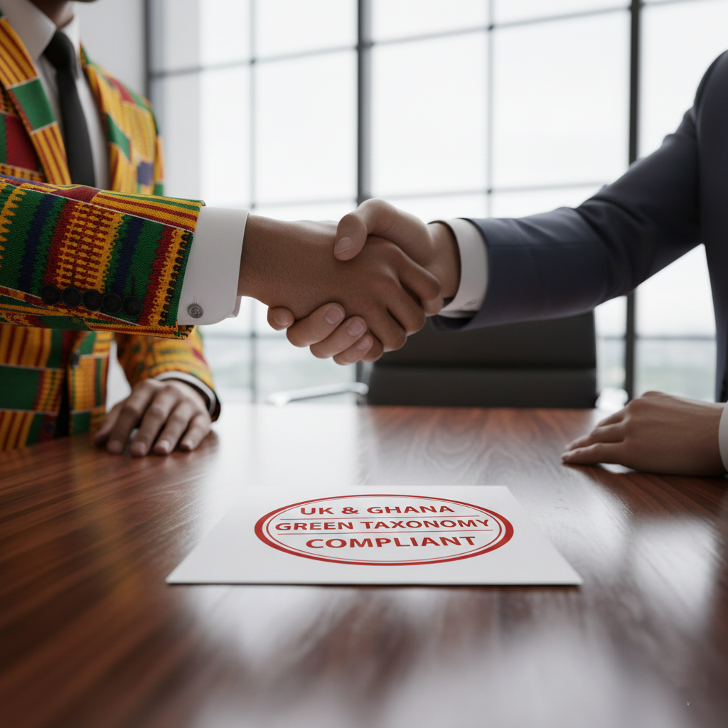 Infographic showing the ESG pillars (Environmental, Social, Governance) integrated with Ghanaian cultural symbolism.