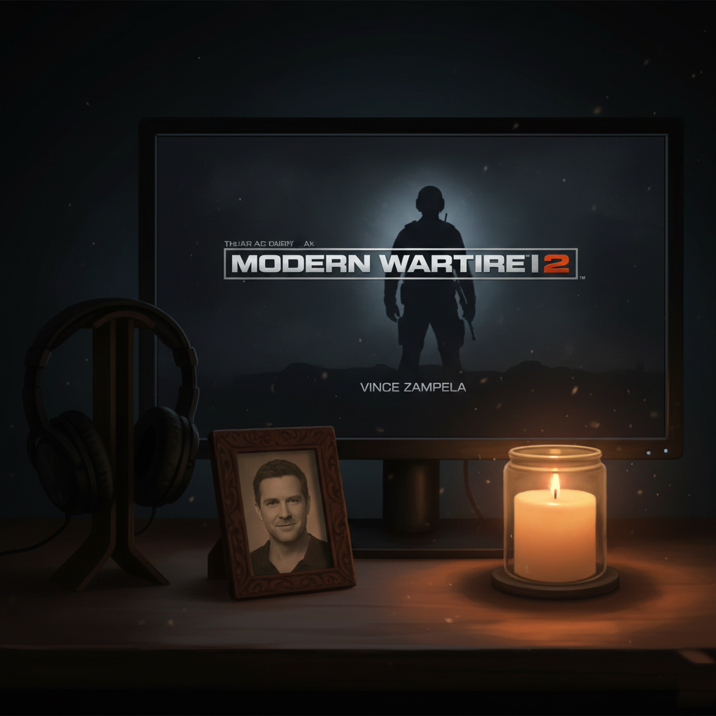 A tribute image showing a gaming setup with a memorial to Vince Zampella.